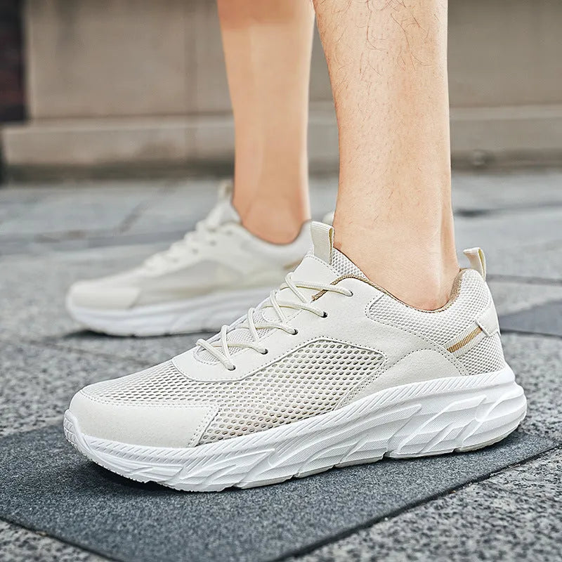 Men's lightweight casual mesh running shoes in beige with breathable EVA sole and low top design