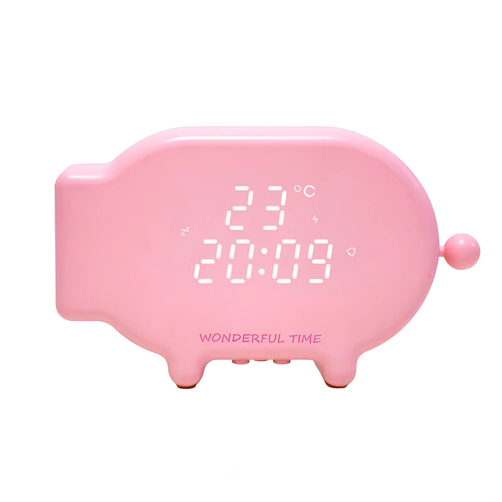 Blue multifunctional LED alarm clock showing time and temperature, with a USB charging port