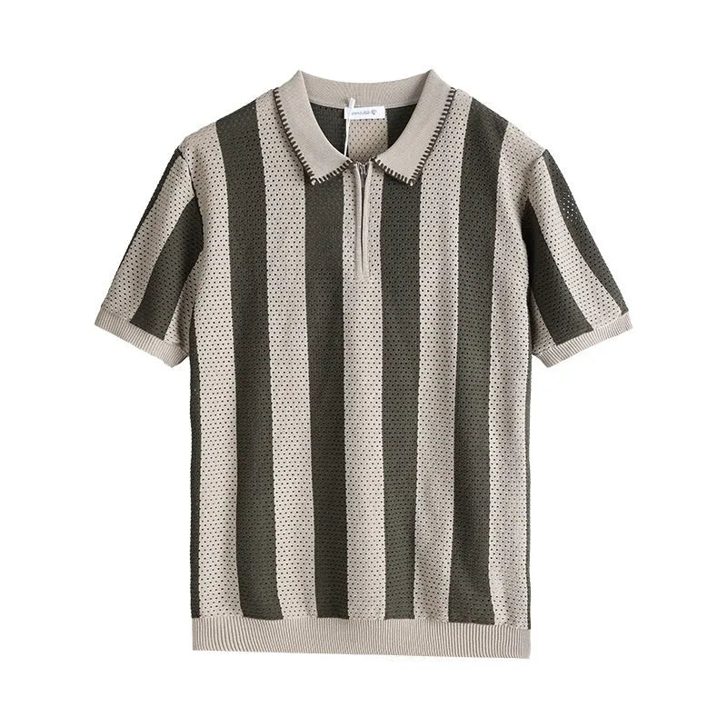 Man wearing a striped short sleeve ice silk sweater with a zipper detail.