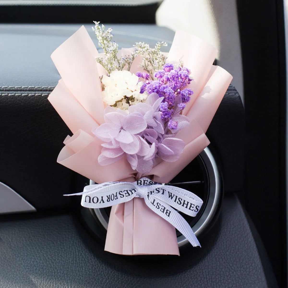 Handmade dried flower bouquet car vent air freshener clip in assorted colours.