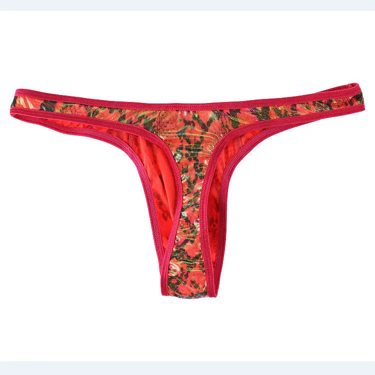 Men's camouflage snake print thong underwear in green, shown flat.