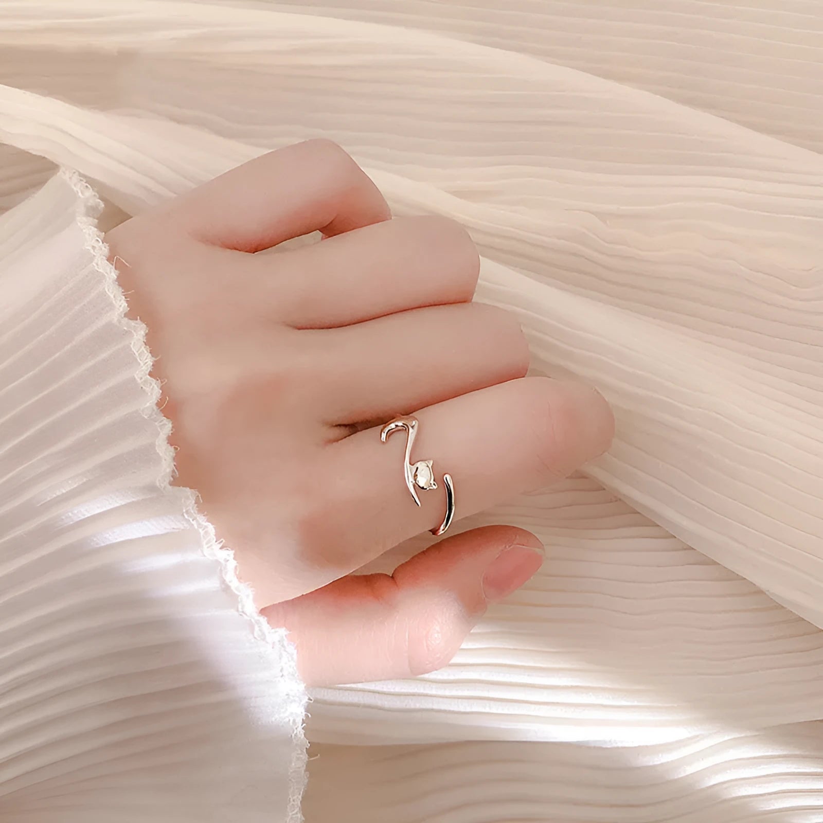 Lazy Cat open ring white gold colour adjustable brass ring with cat motif creative design for women