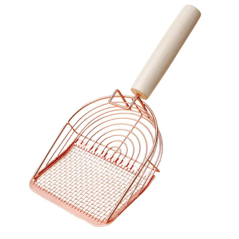 Stainless steel cat litter scoop with wooden handle showing screen design for waste filtration