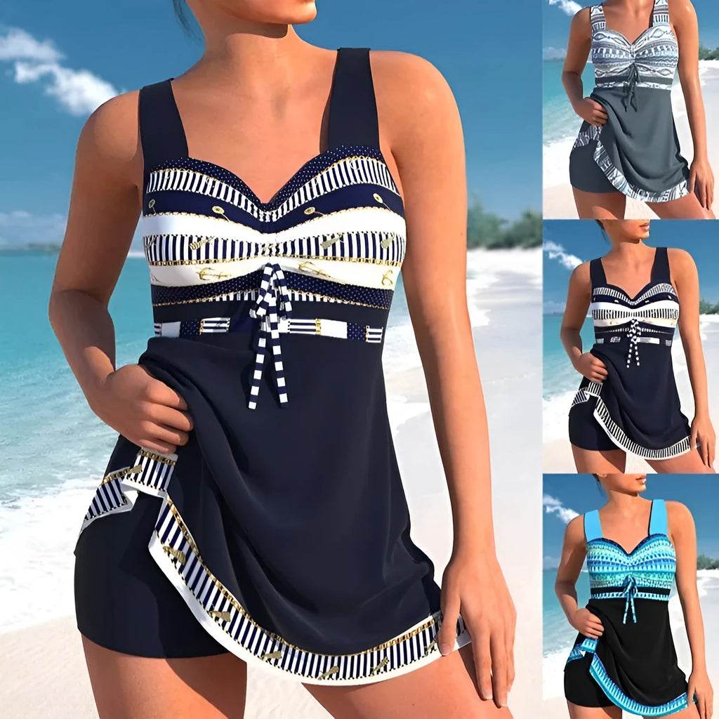 Plus size women's split skirt bikini swimsuit in quick-drying polyester fabric showing front and back views