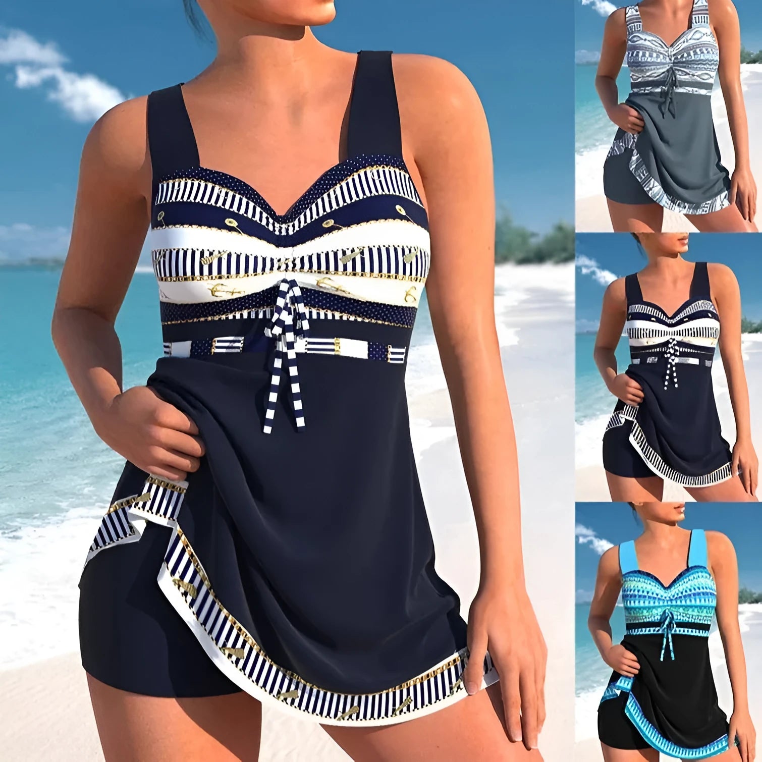 Plus size women's split skirt bikini swimsuit in quick-drying polyester fabric showing front and back views