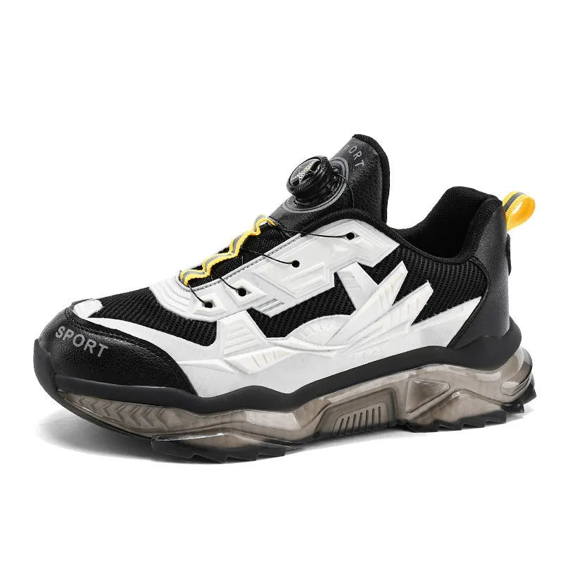 Men's black mesh casual shoe with rotating button fastener and platform sole.