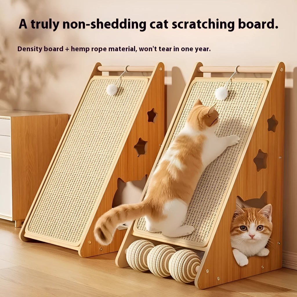 Vertical sisal cat scratch board with attached ball toy on hemp rope mounted on a wall.