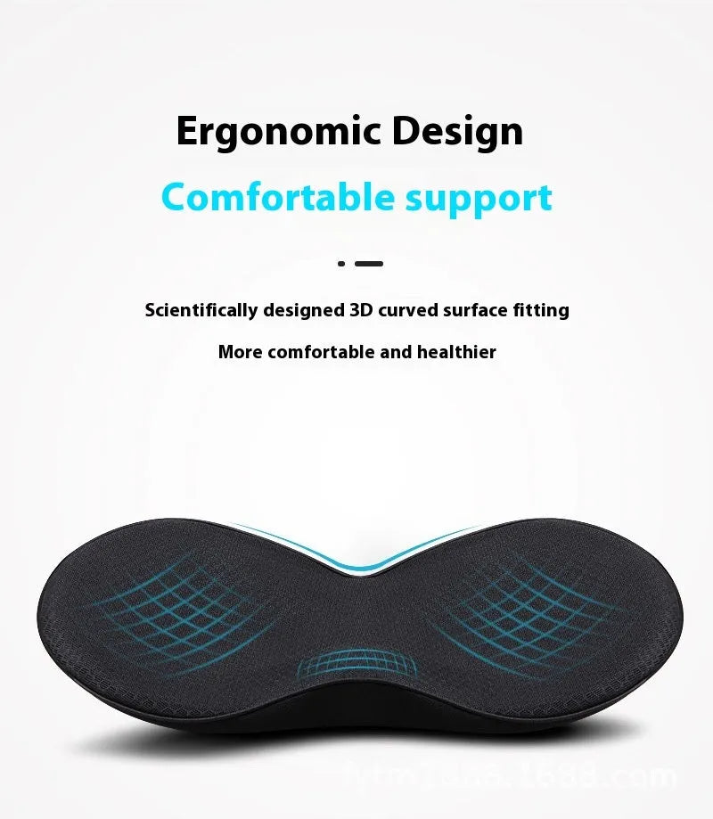Flat black memory foam car seat cushion on a grey car seat.