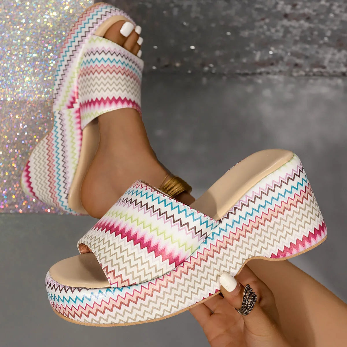 Women's colourful wave print wedge sandals with fish mouth toe and thick rubber sole.