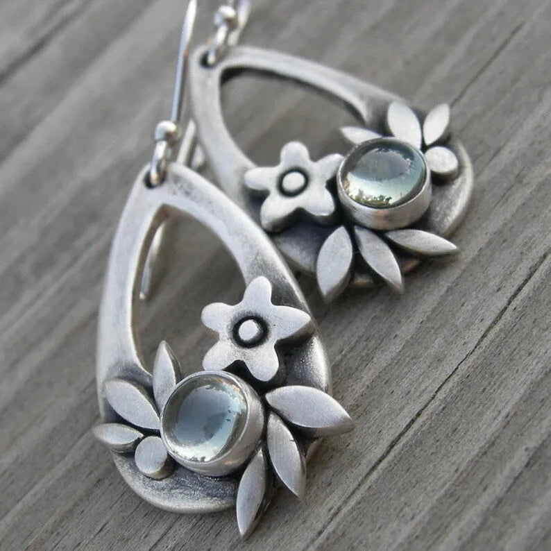 Silver alloy teardrop drop earrings with floral leaf design, electroplated finish, for women