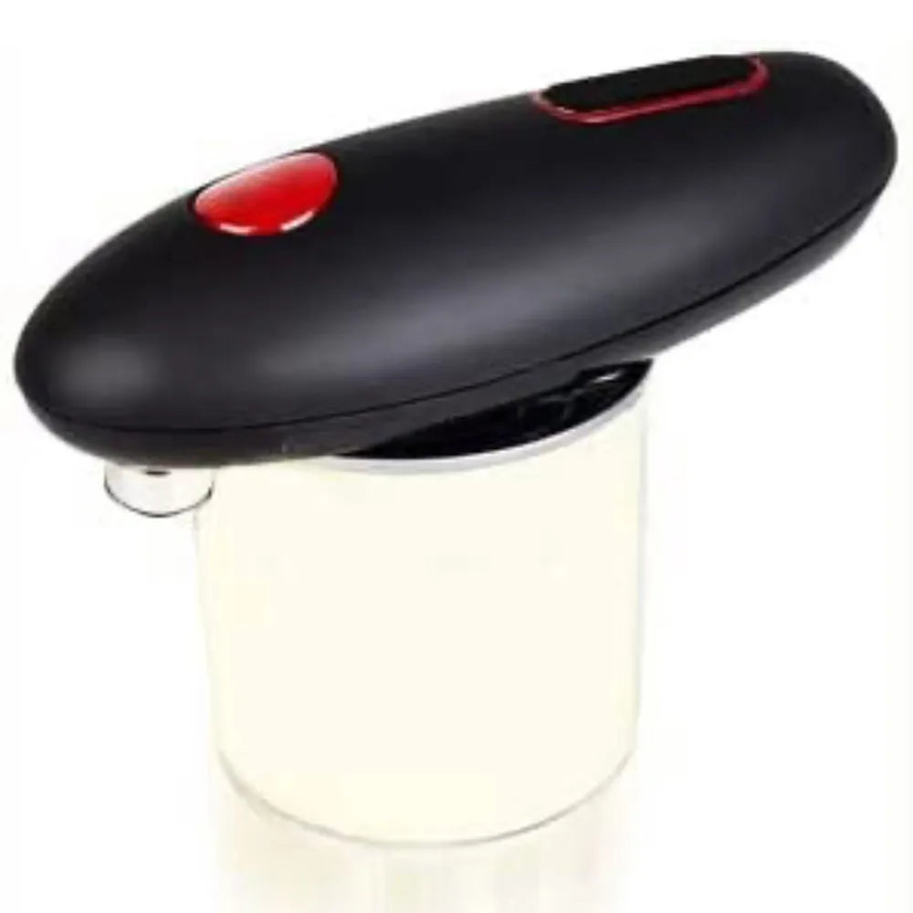 Black plastic electric can opener with compact design for battery-powered hands-free opening