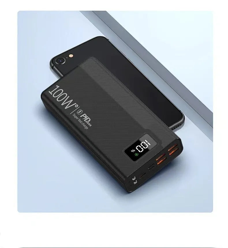Large capacity power bank in black or white plastic case with dimensions 150×76mm