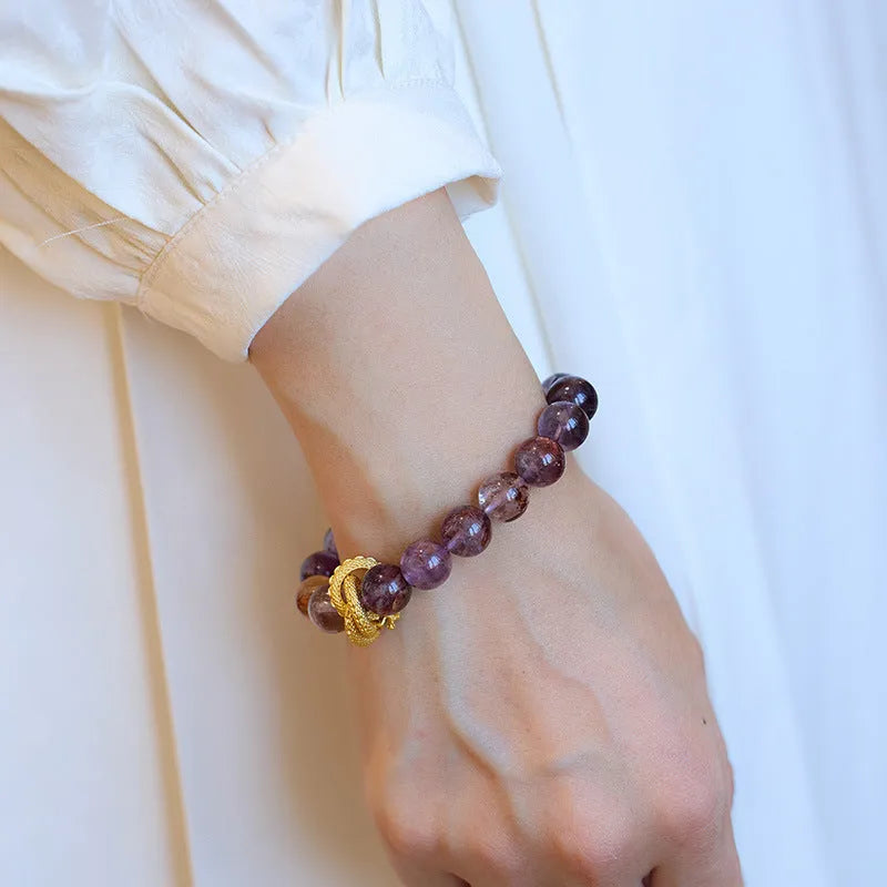 Handmade purple ghost quartz bracelet with 10mm beads featuring traditional nine purple motif and Chinese prosperity designs