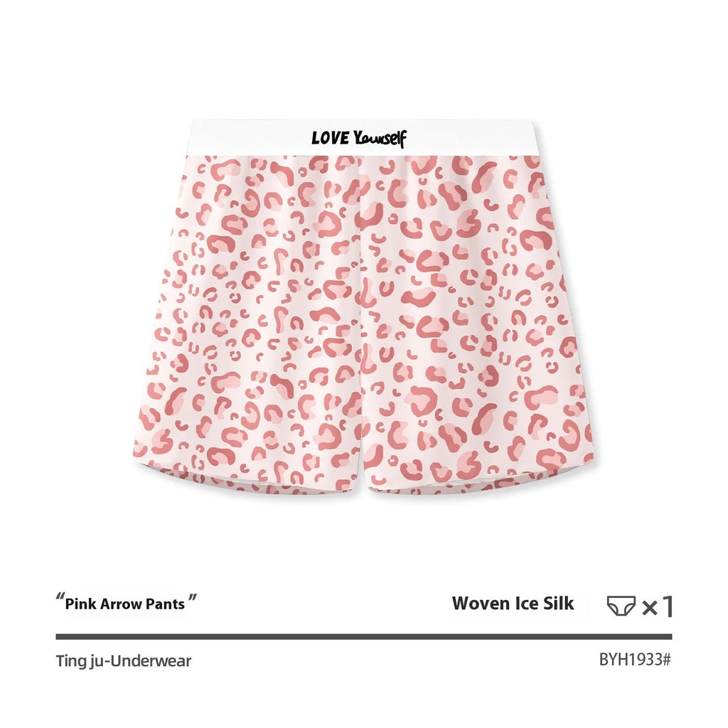Men's leopard print woven Ice Silk boxer briefs showing loose fit design and animal pattern detail