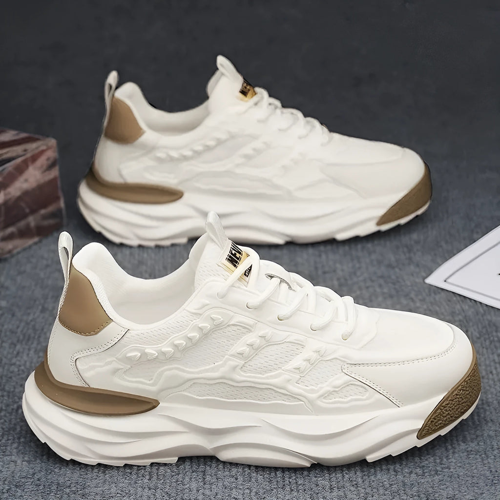 Men's solid colour breathable mesh shoes with round toe, shown in white and black.