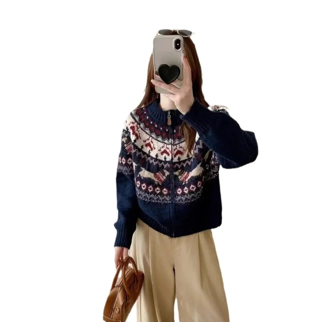 Ethnic style apricot coloured jacquard pullover sweater with 3D pattern and round neck.