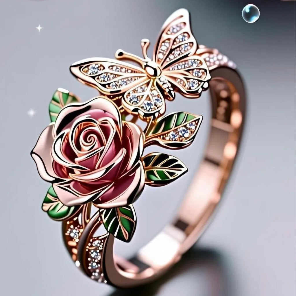 Adjustable butterfly ring necklace with colourful dripping oil finish showing floral and insect detailing