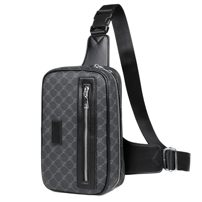 Men's black crossbody bag with chest strap and decorative sewing lines