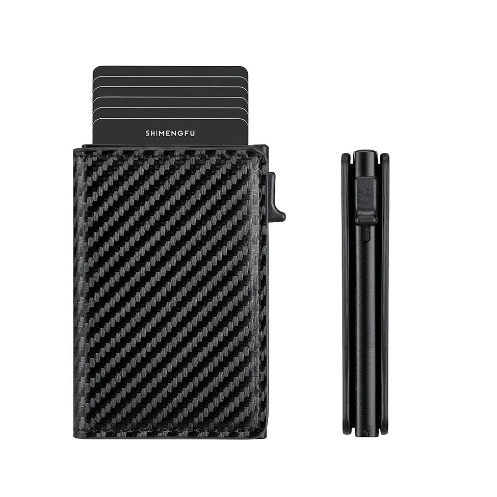 Pop-up aluminium alloy card wallet in retro PU leather with anti-theft function, front view