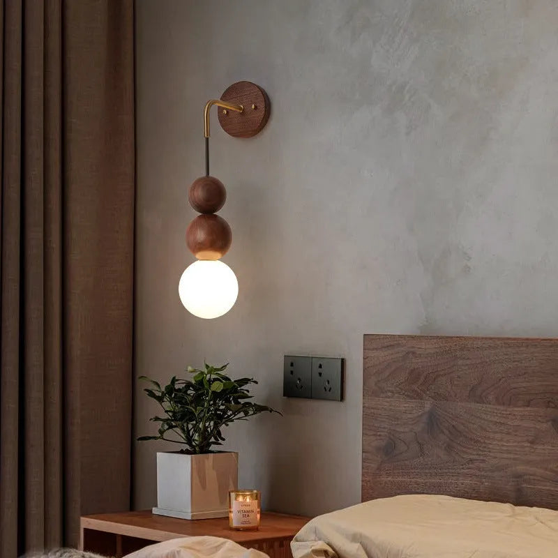 Wood and copper wall lamp with suspension wire and dimmable tricolour light