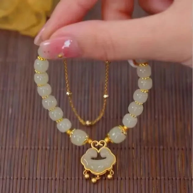 Green women's safety lock pendant bracelet with double-layer Xiangyun design and electroplated finish