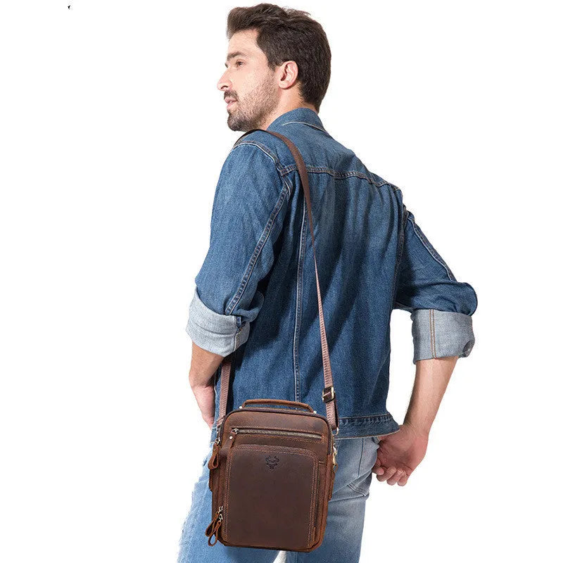 Men's brown Crazy Horse leather crossbody bag with European retro styling and sewing line details