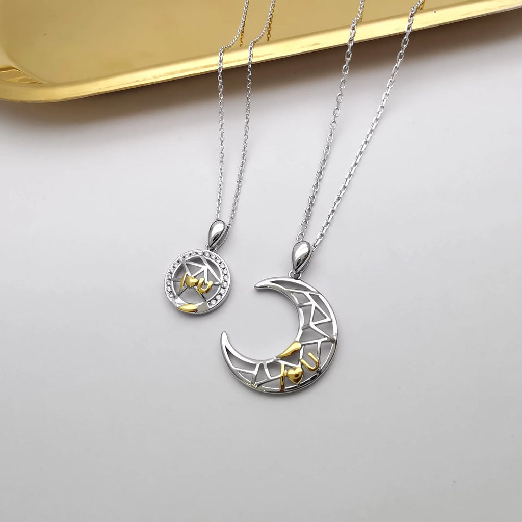 Sun moon couple necklace with copper pendant and cross chain in male and female colour variations