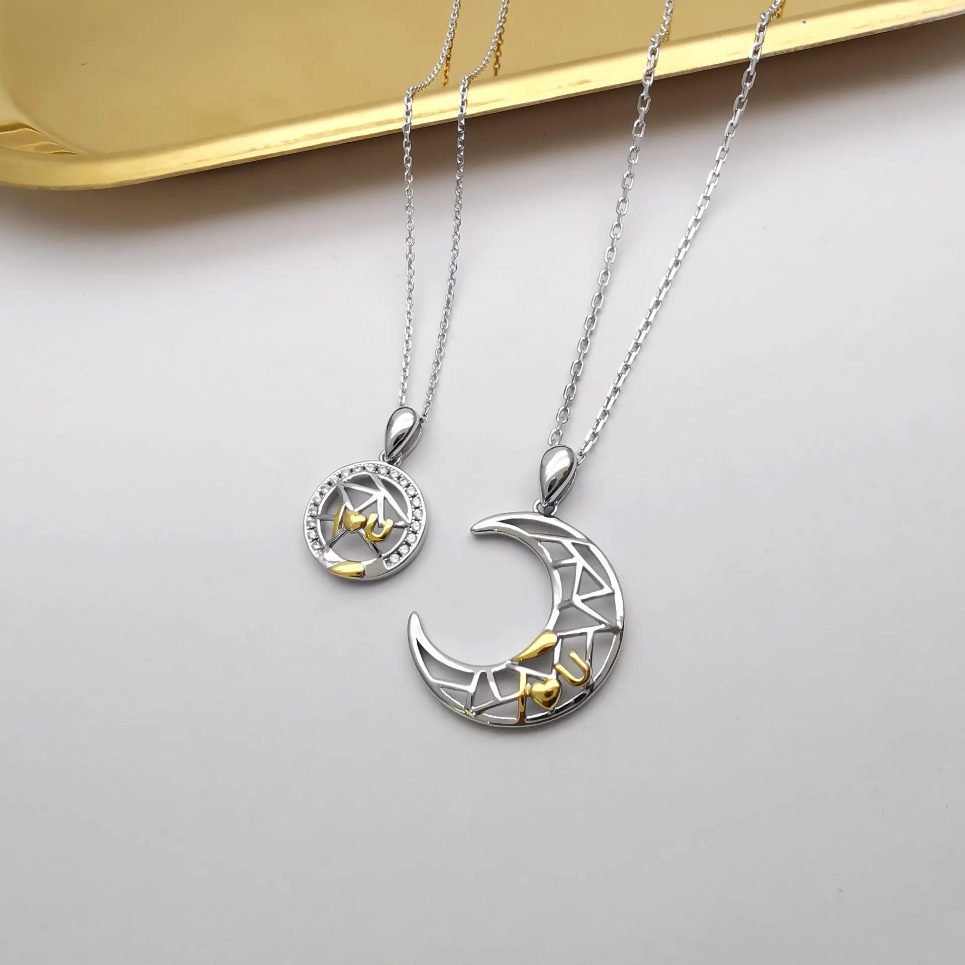 Sun moon couple necklace with copper pendant and cross chain in male and female colour variations