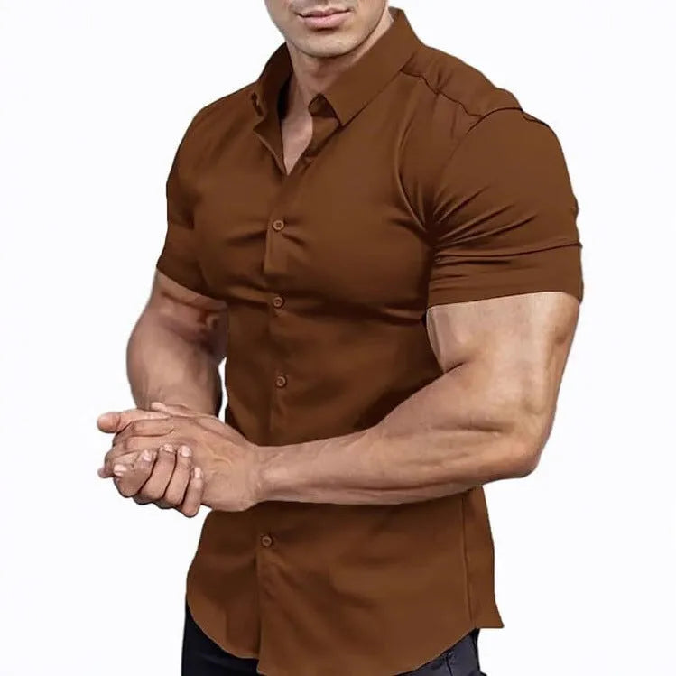 Men's short sleeve printed shirt with collar in polyester fabric available in multiple colours and sizes