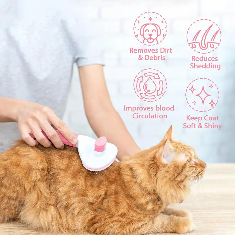 Blue, grey, or pink cat brush with a release button and fine wire bristles for pet grooming.