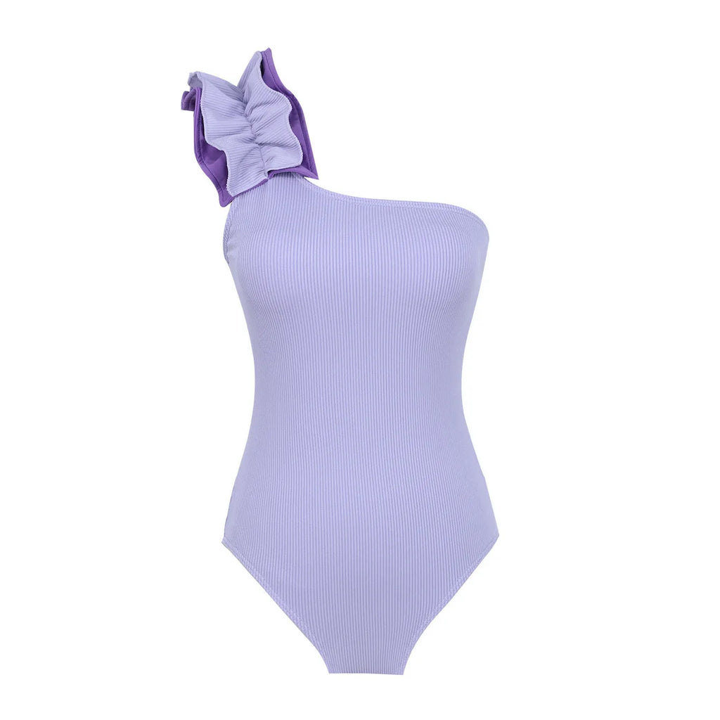 Women's single-shoulder suspender tube top one-piece swimsuit with high waist in solid colour