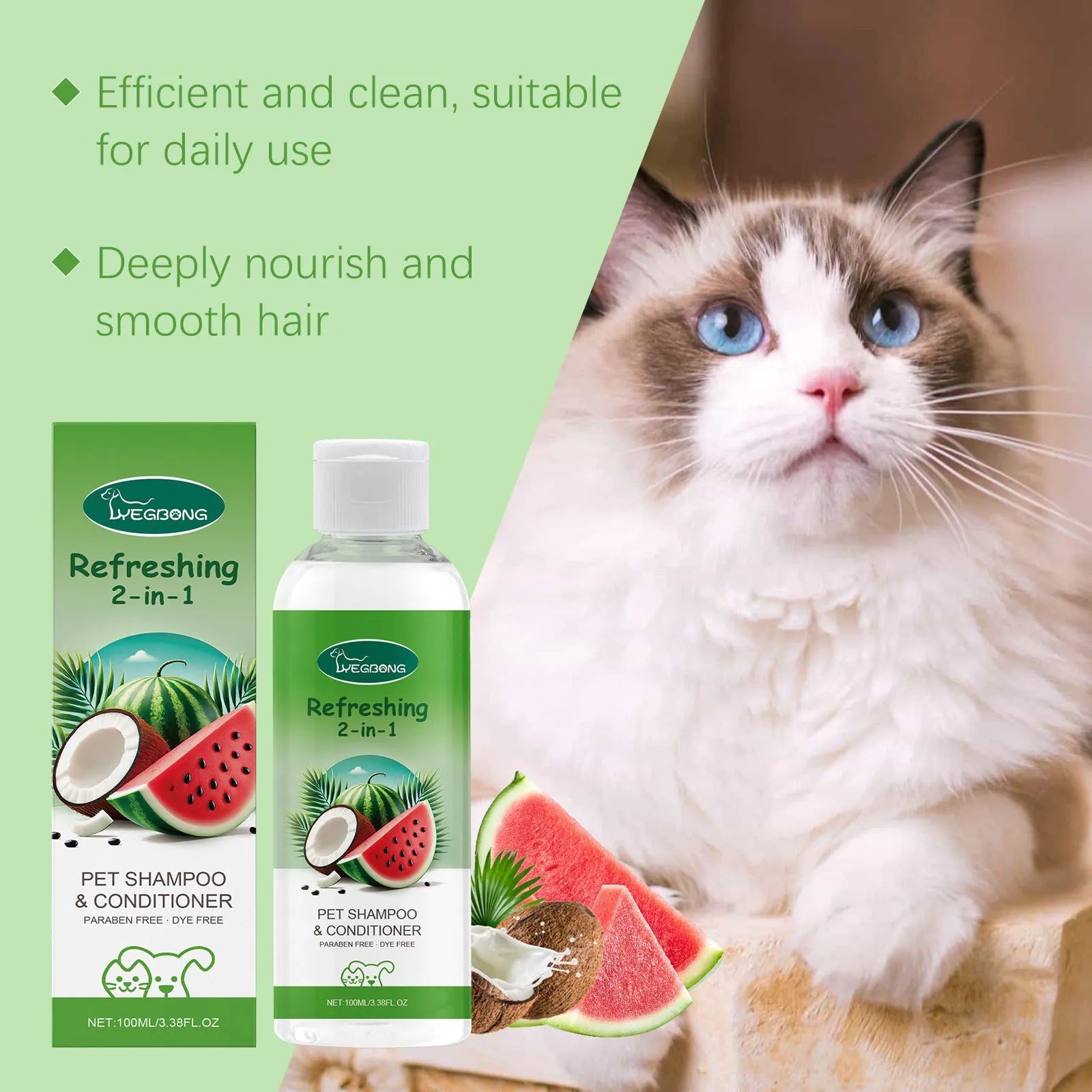 A 100ml bottle of pet 2-in-1 shampoo and fragrance shower gel for dogs and cats.