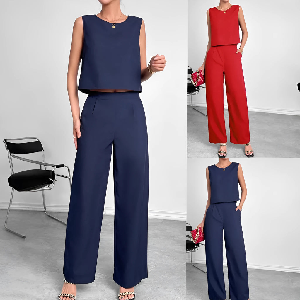 Women's red sleeveless top and wide-leg trousers co-ord set on hanger