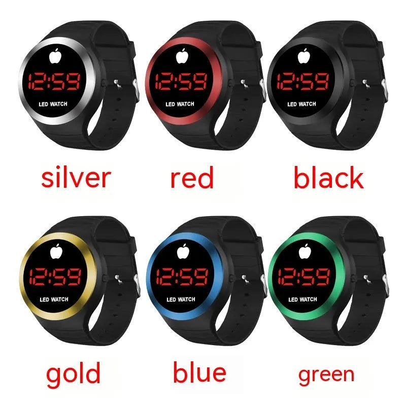Round electronic watch with black TPU strap, 35mm square dial, and 1 inch screen on a white background