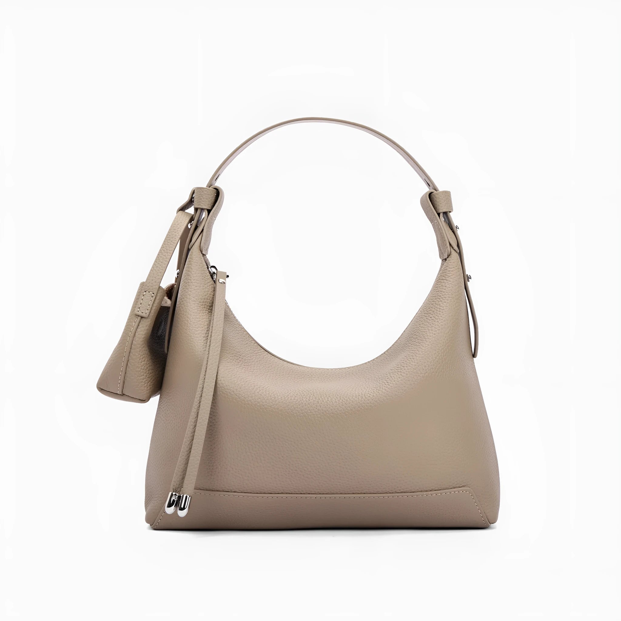 Simple black cowhide leather ladies shoulder bag with visible stitching and urban style design