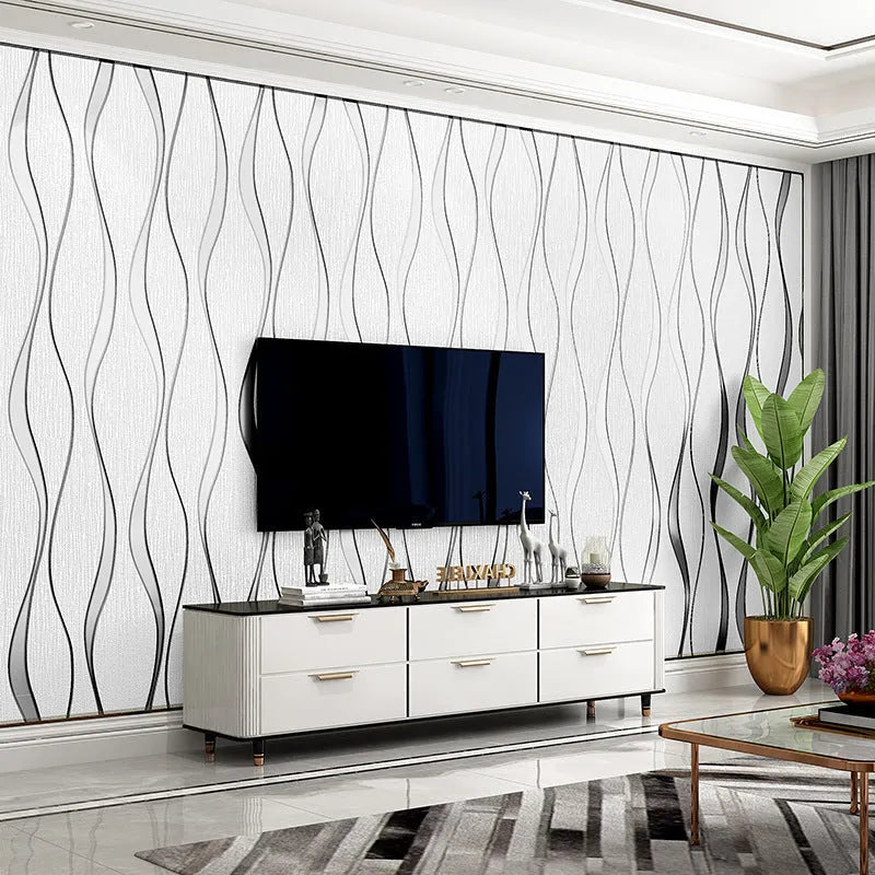 Close-up of textured curve stripe pattern on dark brown 3D decorative wallpaper roll.