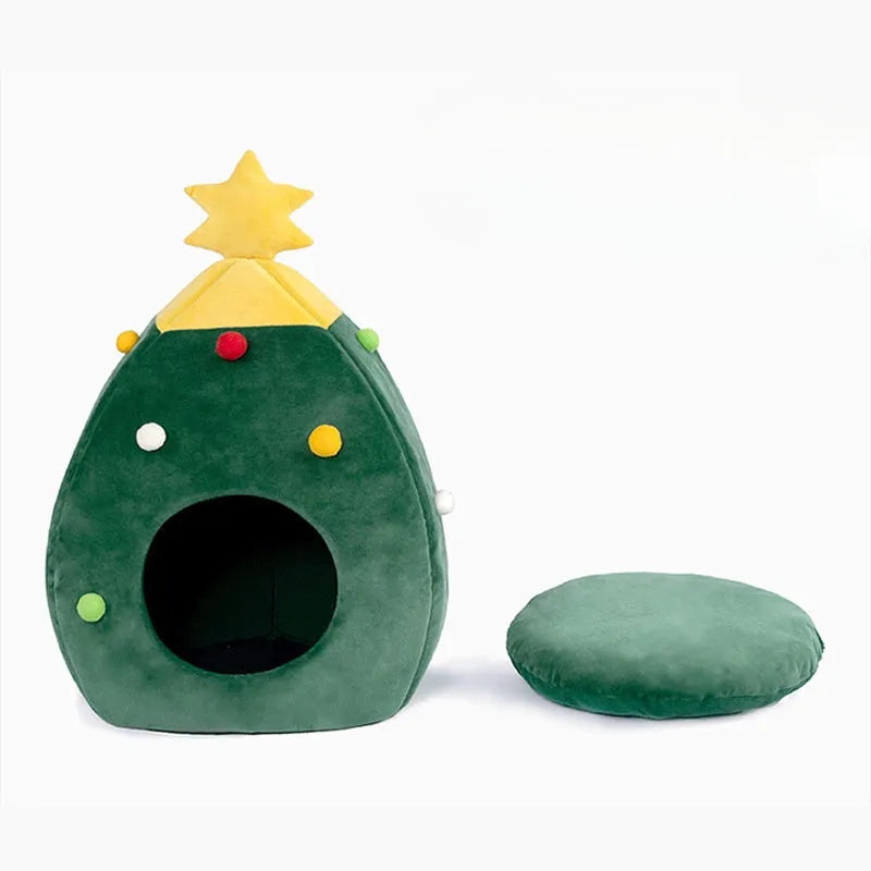 Plush Christmas-themed cave-style pet bed for cats and dogs with a washable cover