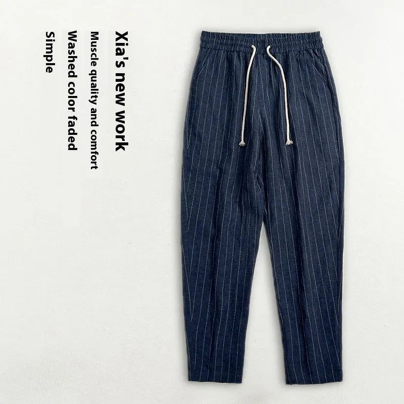 Men's striped linen-cotton casual trousers with a cropped length for summer.
