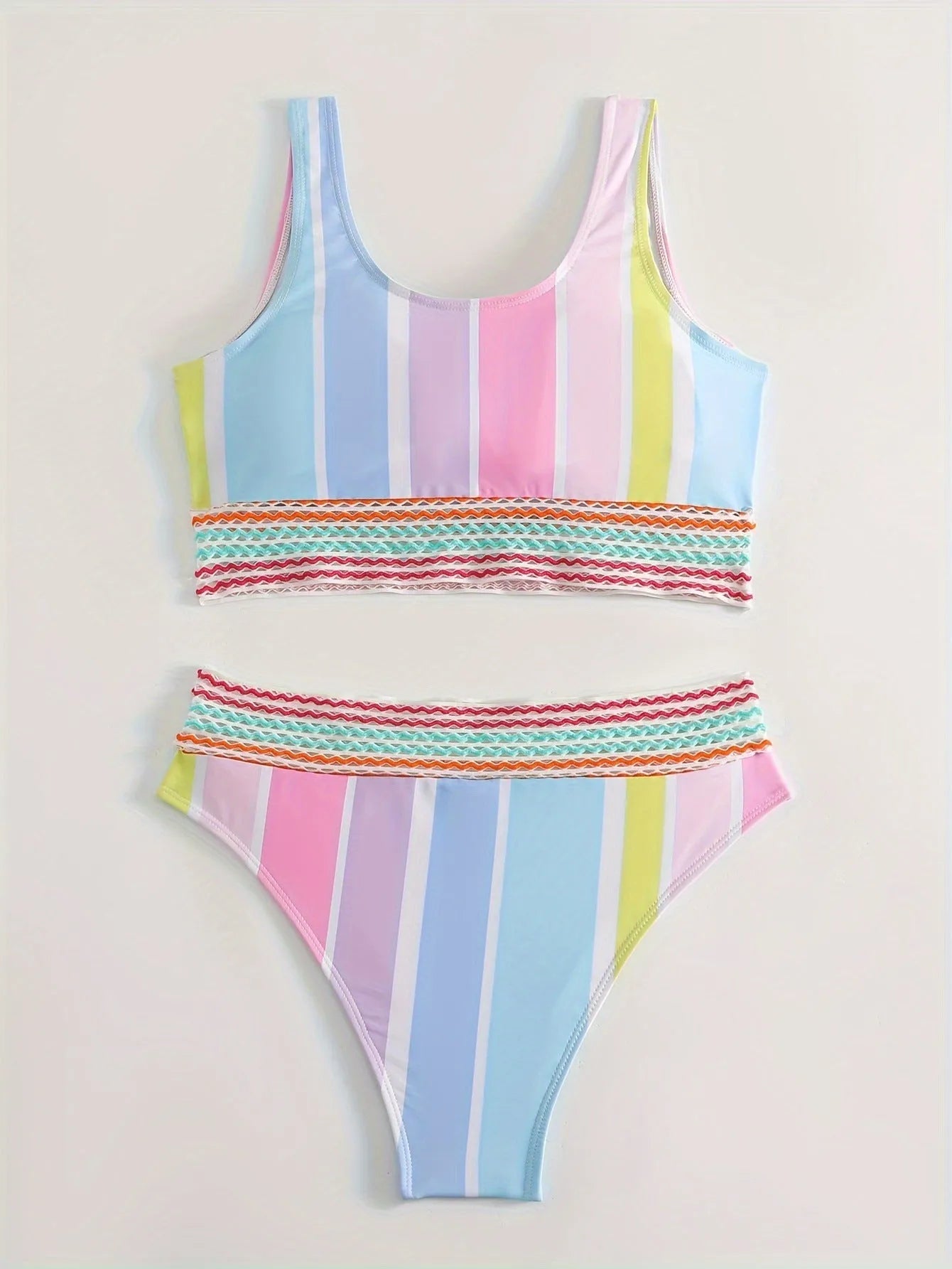 Women's striped sports bikini set with a top and briefs in a European/American pattern style.