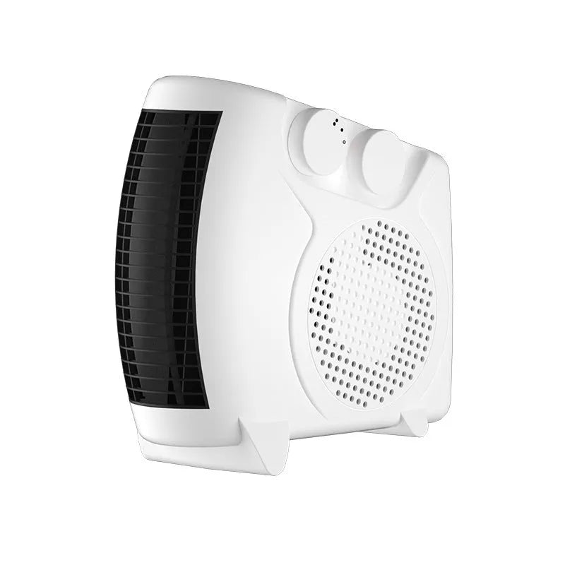 White compact electric desktop heater with power controls and grille, shown on a wooden desk.