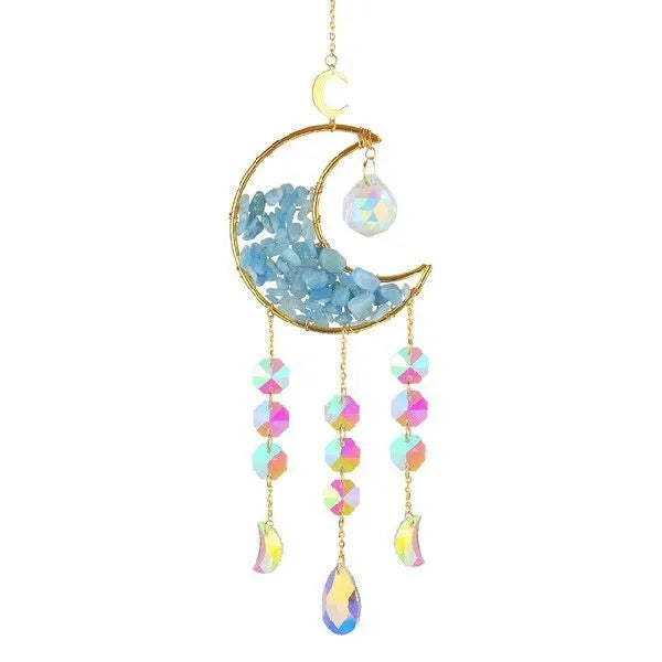 Car interior hanging pendant with large round crystal moon charm on a metal chain.