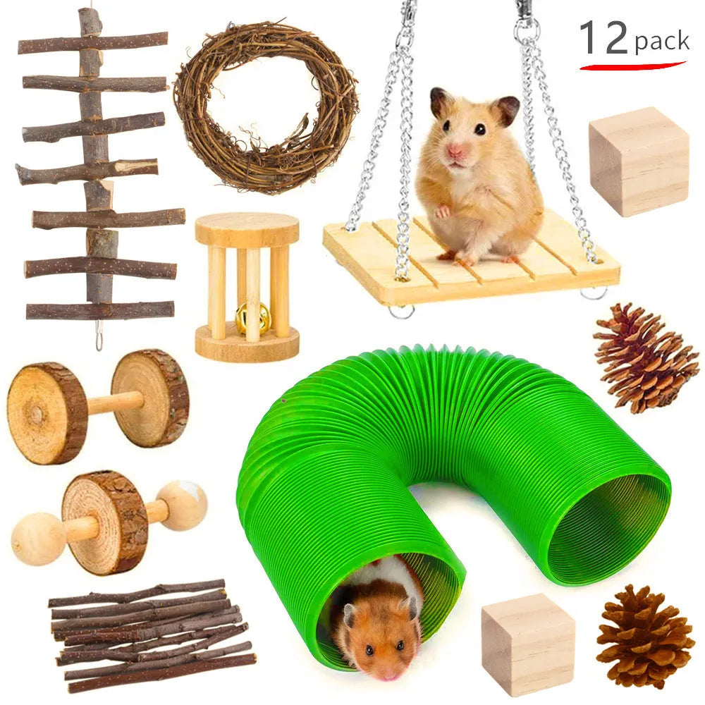 Assortment of natural wooden toys for small pets including balls, rings, and mats for chewing and play.