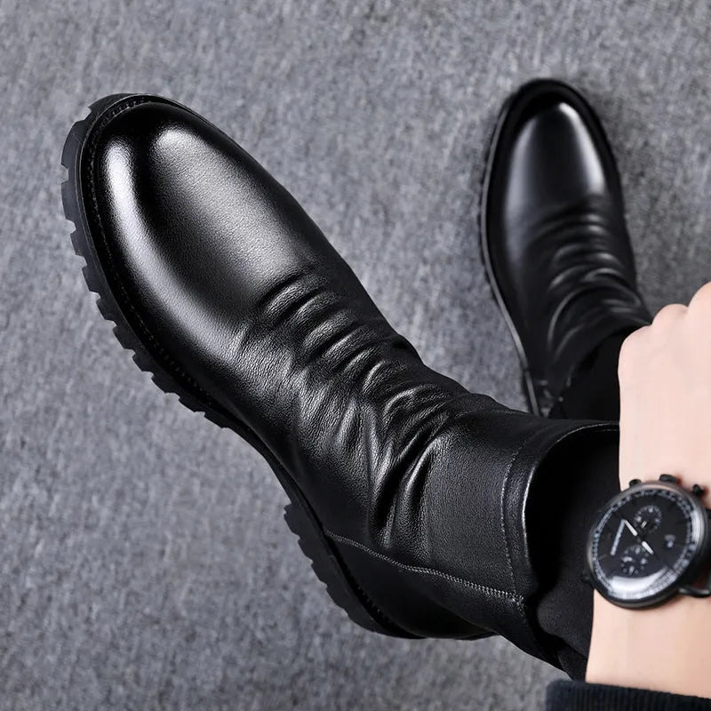Black British-style men's high-top Martin boots with patent leather finish, side zipper, and wedge heel