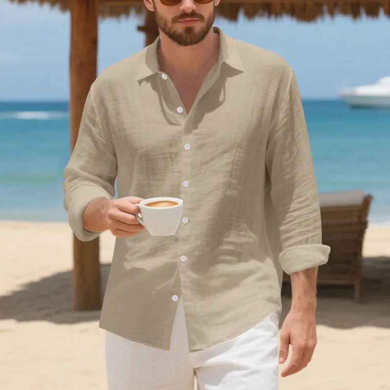Linen casual shirt in a loose American-style fit, shown in army green colour.