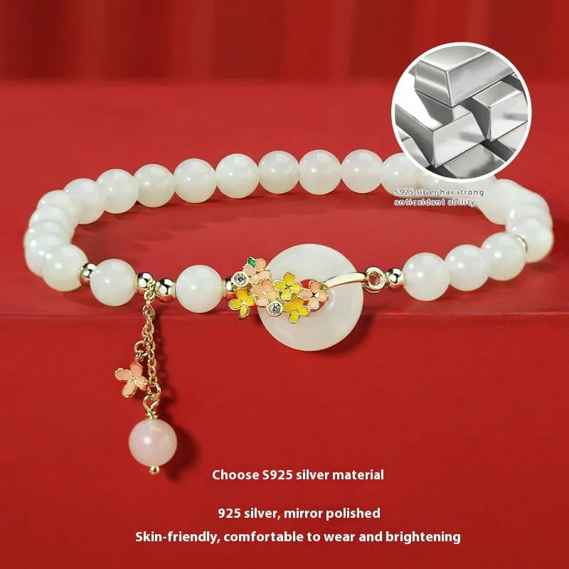 Osmanthus Peace Buckle S925 sterling silver natural Hetian jade women's bracelet with 6mm round stones