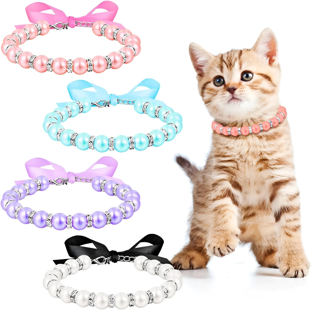 Adjustable diamond dog necklace with imitation pearls and rhinestones on soft ribbon collar