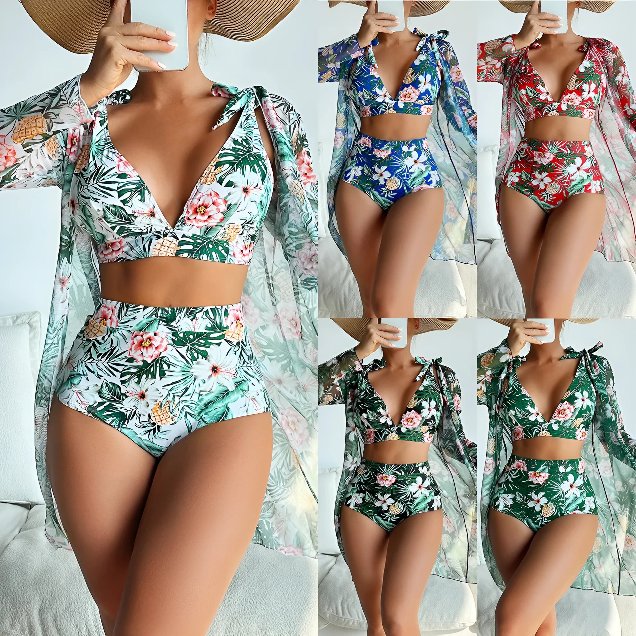 Women's printed three-piece bikini set with sunscreen shirt, bra, and shorts in a multicolour pattern.
