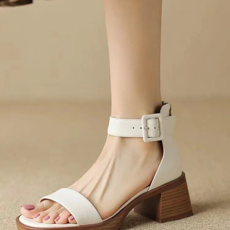 Women's retro ankle-strap platform high heels in white or khaki PU leather with round toe