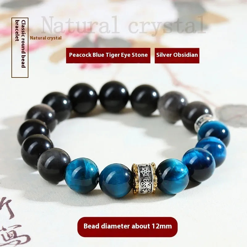 Geometric peacock blue tigereye bracelet with round elements on wrist