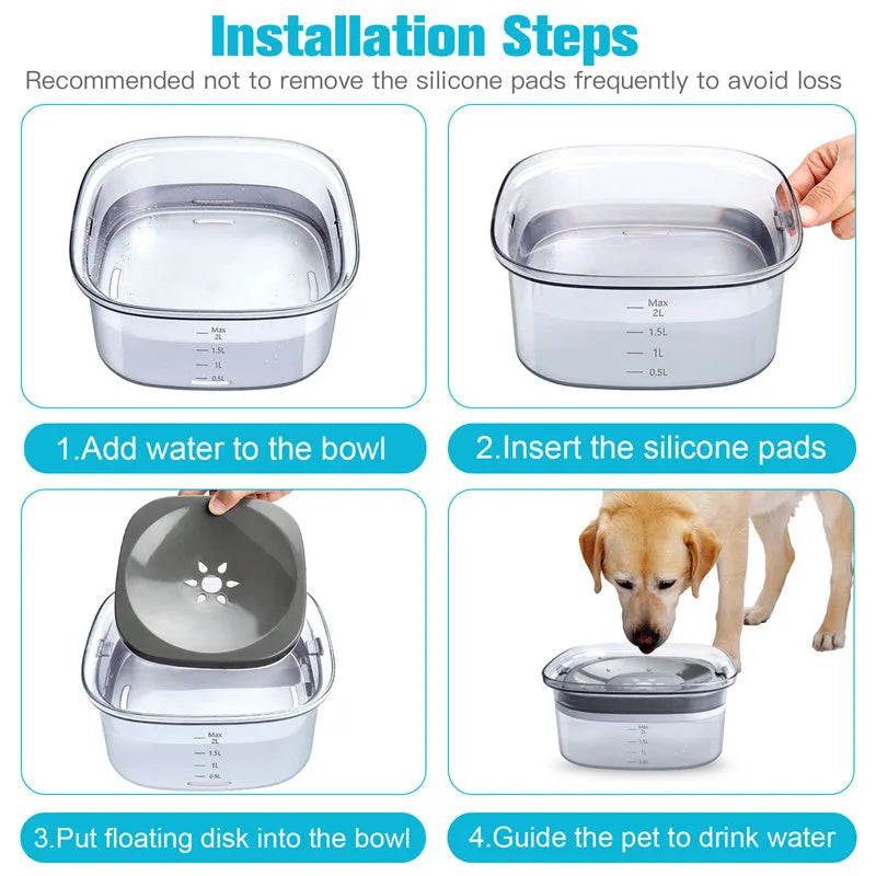 Transparent large capacity dog water bowl with floating disk and anti-spill design